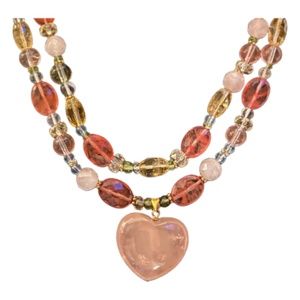 14K Gold Rose Quartz Heart Beaded Necklace